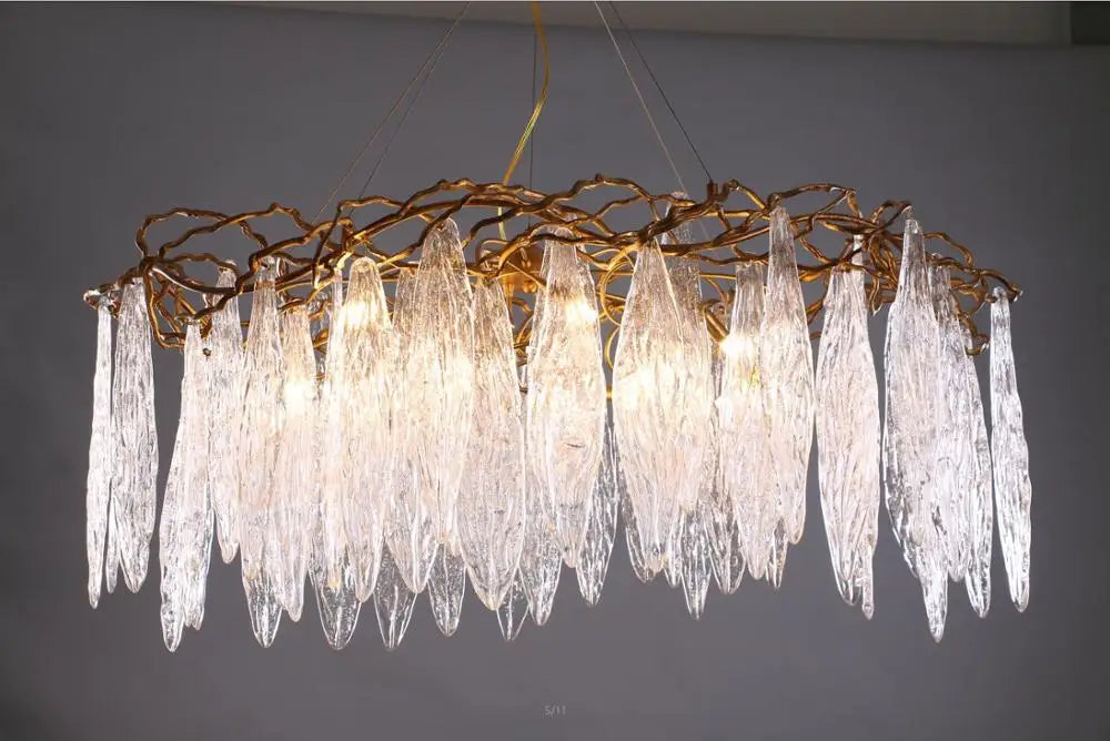 Luxury copper branches long line restaurant chandeliers European creative personality luxury villa living room glass leaf lamps
