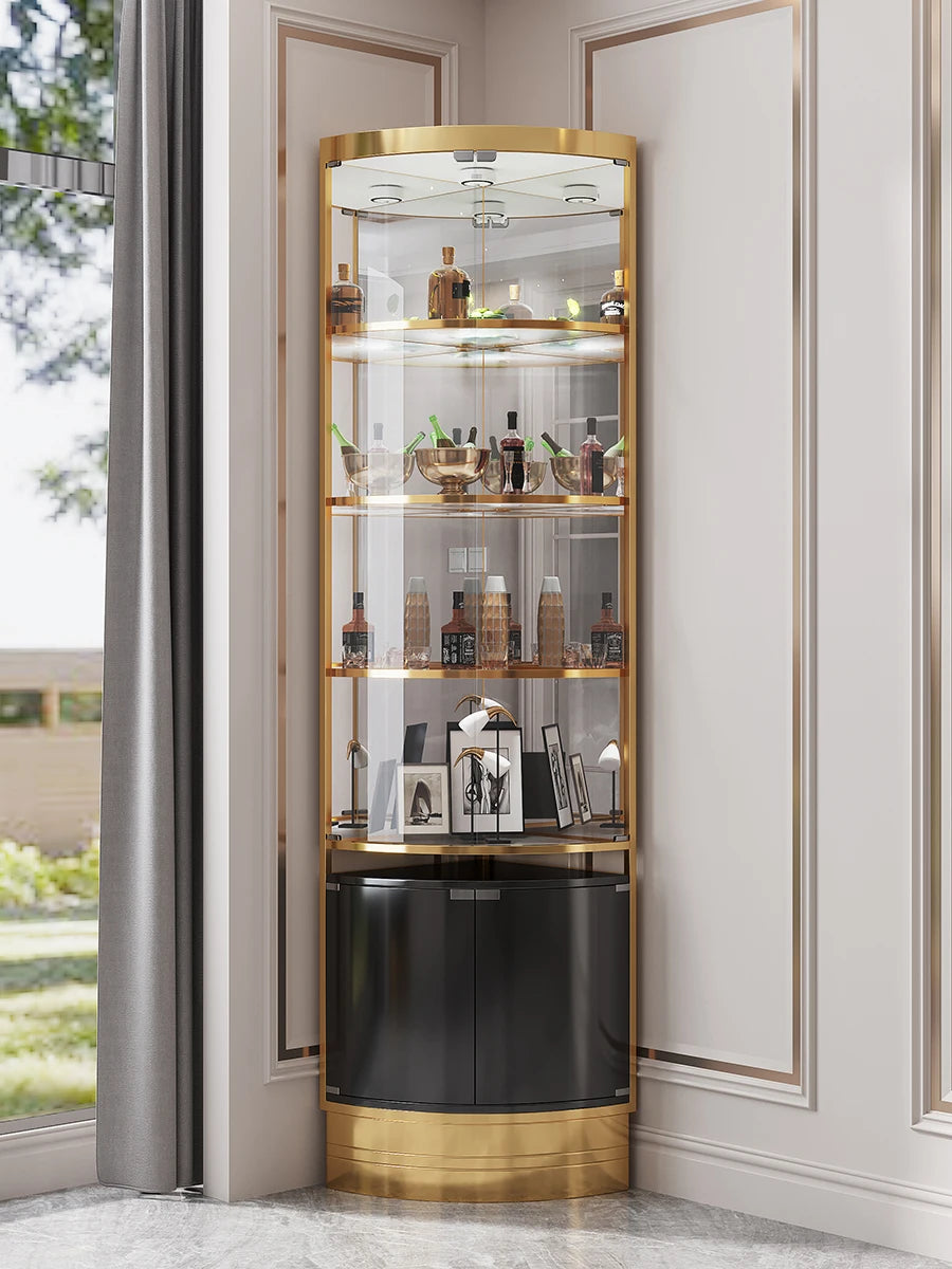 Luxury stainless steel triangle cabinet, glass wine cabinet, post-modern corner wine cabinet, living room, fan cabinet with draw