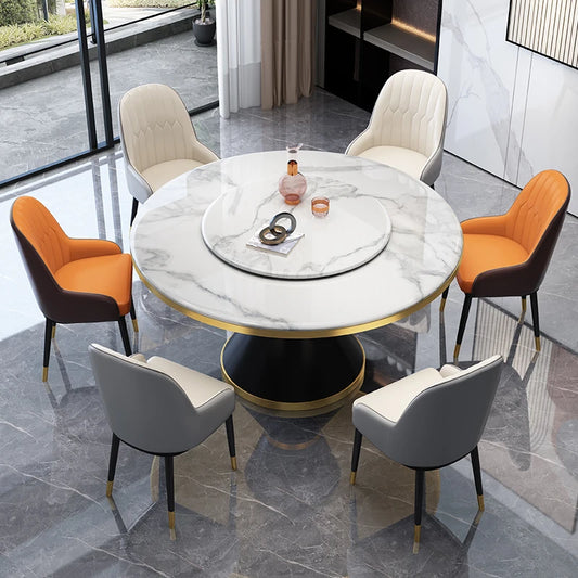 Marble dining table and chair combination is simple ,with turntable stone slate round table,Nordic small household