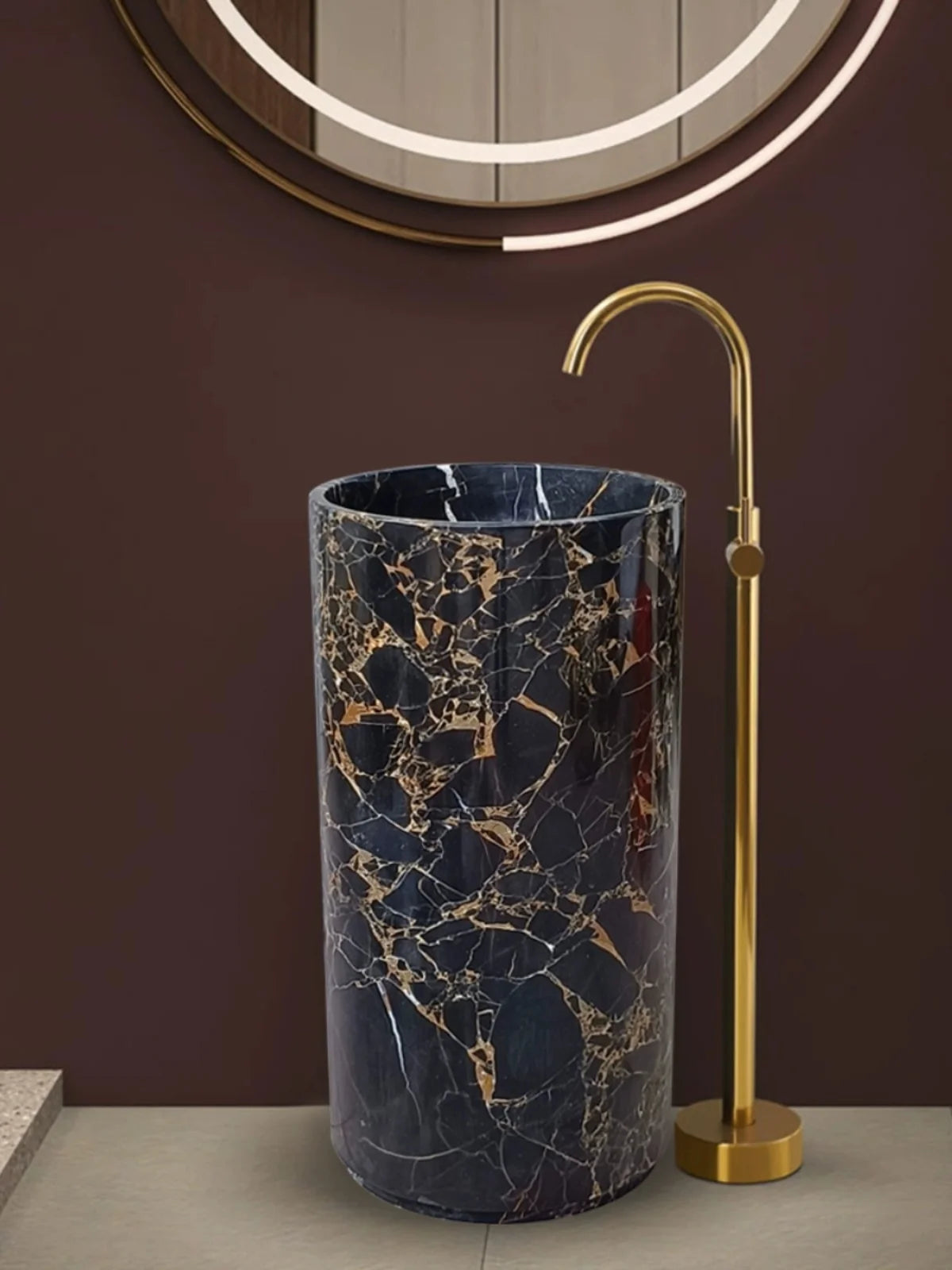 Marble integrated floor standing column basin, circular art washbasin, hotel column style washbasin