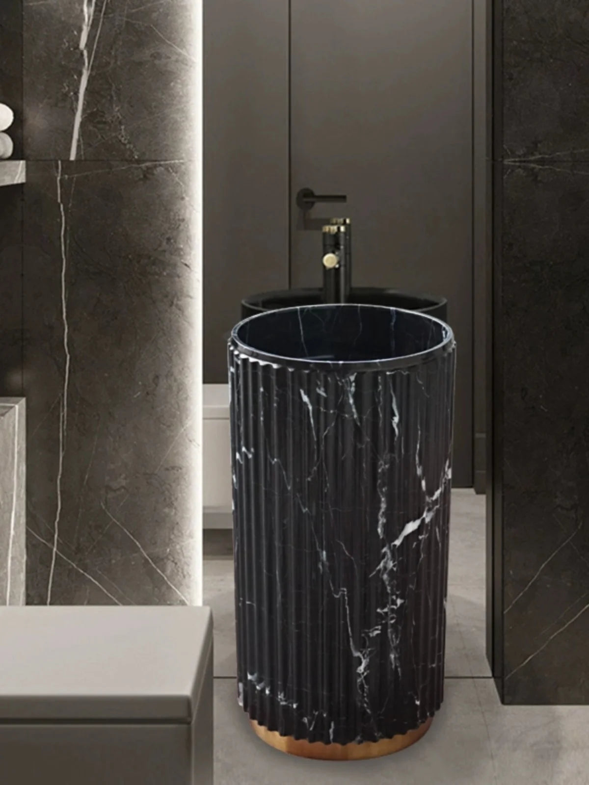 Marble integrated floor standing column basin, circular art washbasin, hotel column style washbasin