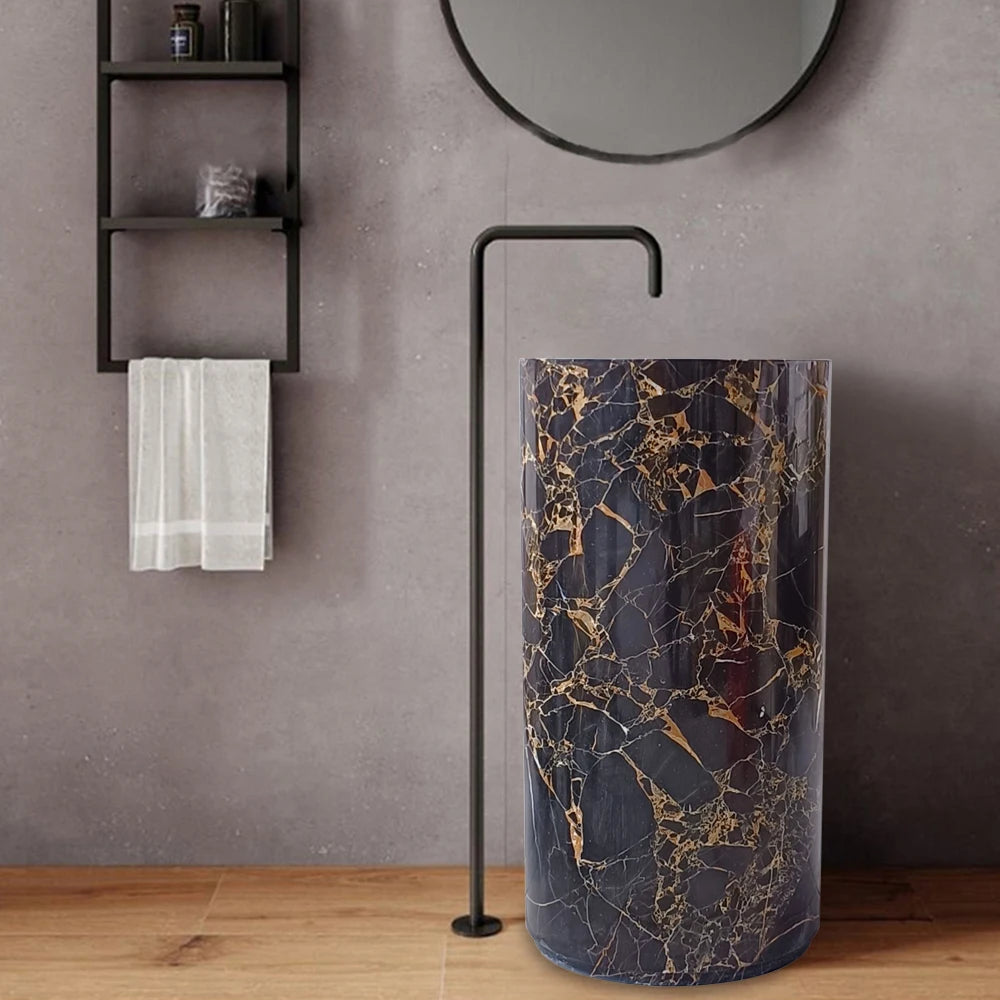 Marble integrated floor standing column basin, circular art washbasin, hotel column style washbasin