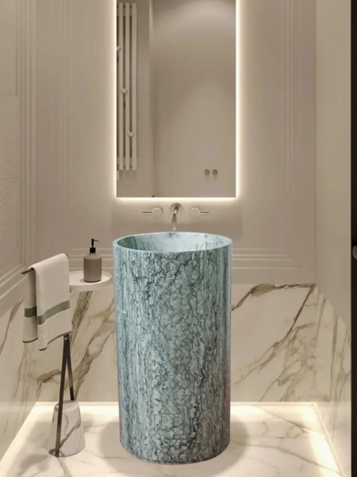 Marble integrated floor standing column basin, circular art washbasin, hotel column style washbasin