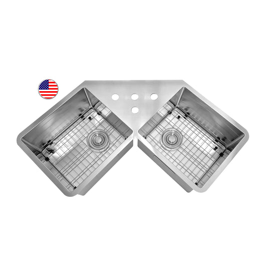 Meiao design under farmhouse special stainless steel handmade double bowl corner kitchen sink