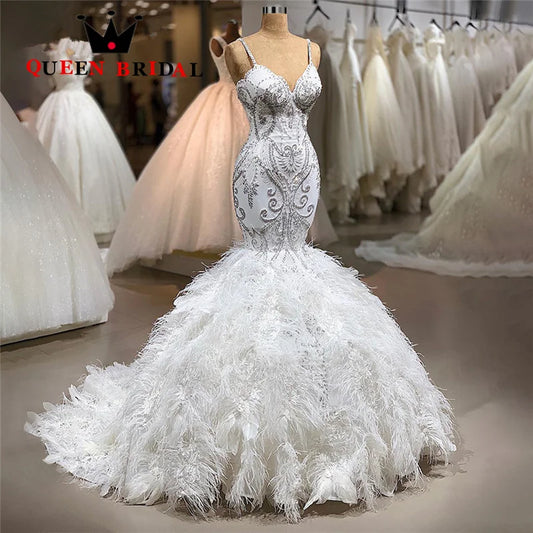 Mermaid Sequined Beading Pearls Wedding Dresses Exquisite Sleeveless Spaghetti Straps Bridal Gowns Robe De Mariée Custom Y47X