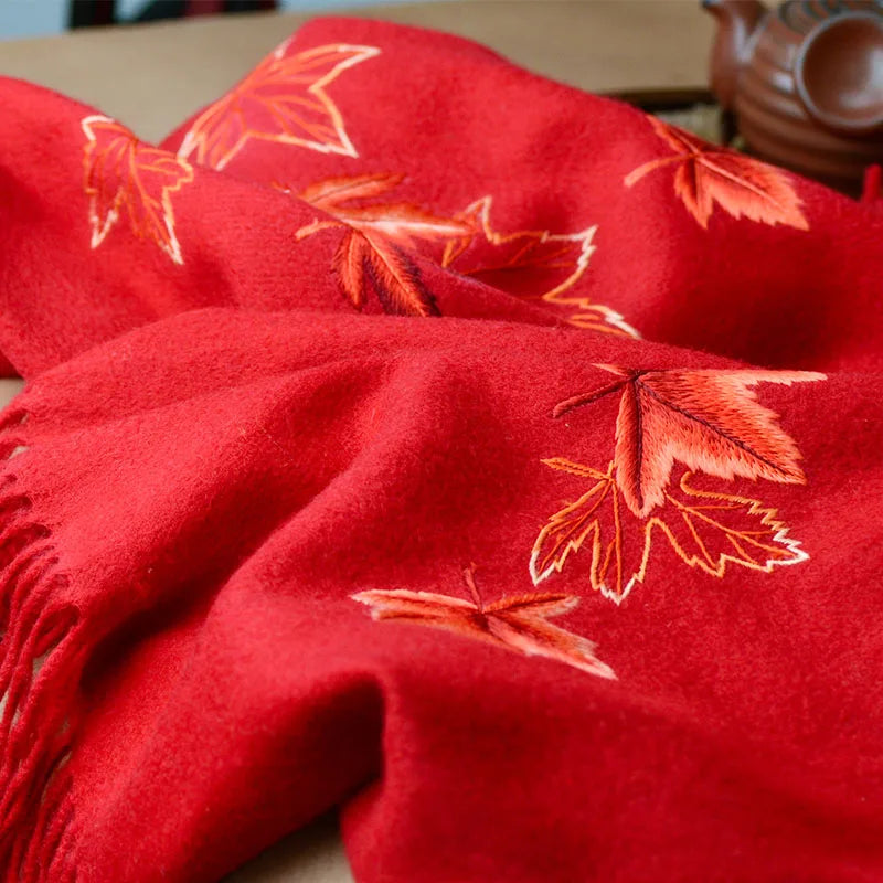 Minggu Embroidery 2021 New Autumn and Winter Handmade Su Embroidered Cashmere Shawl Versatile Double sided Embroidered Maple Lea
