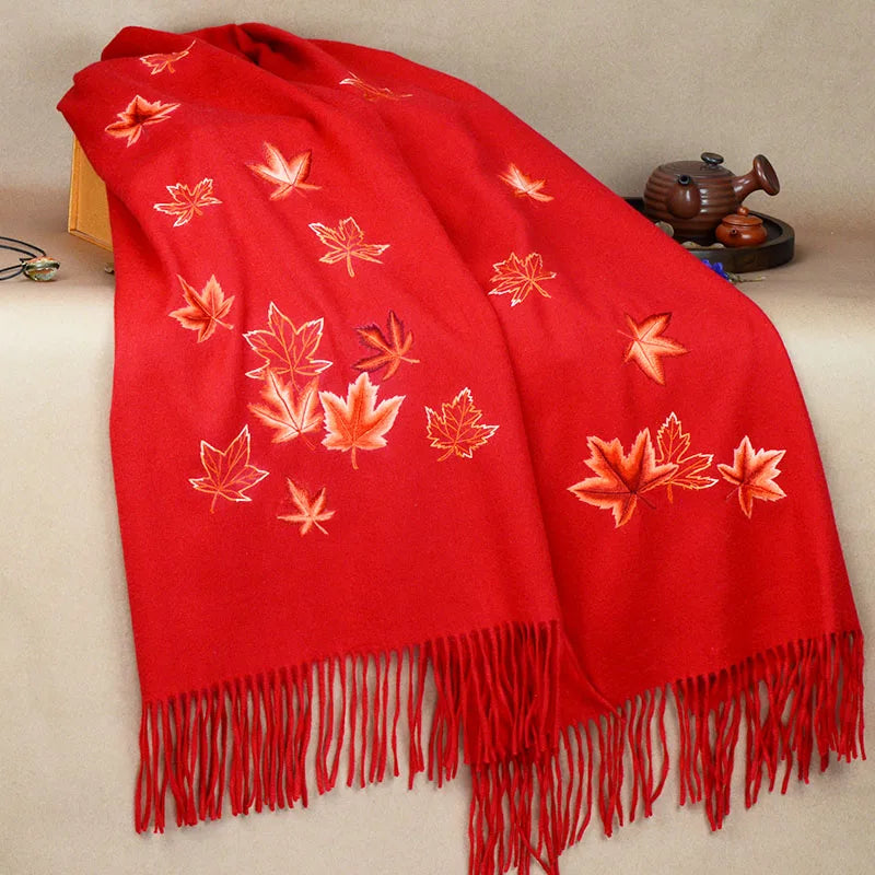 Minggu Embroidery 2021 New Autumn and Winter Handmade Su Embroidered Cashmere Shawl Versatile Double sided Embroidered Maple Lea
