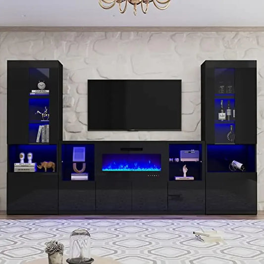Modern High Gloss 3-Piece Fireplace TV Stand Bookcase Set Living Room Combo 68" Console with 40" Electric Fireplace & 2X 71"