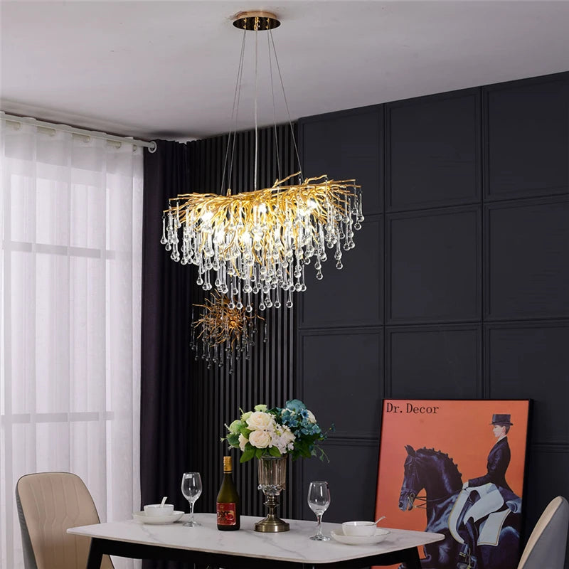 Modern LED Crystal Chandeliers Loft Oval Gold Luster Bedroom for Living Room Villa Indoor Decor Restaurant Pendant Lamp Lighting