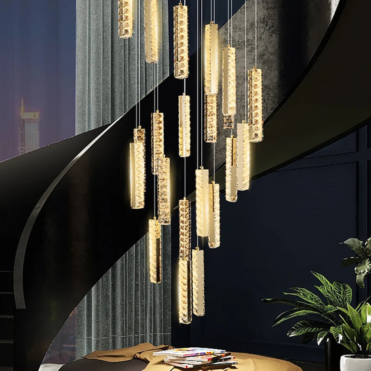 Modern LED Crystal Raindrop Chandelier Lighting Staircase Luxury Golden Staircase Lights Chandelier for Living Room Hotel Villa