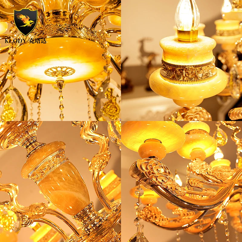 Modern Large Chandelier Fixture Gold Crystal Chandelier light Natural Jade home lighting Hotel Villa Hanging Drop Lights