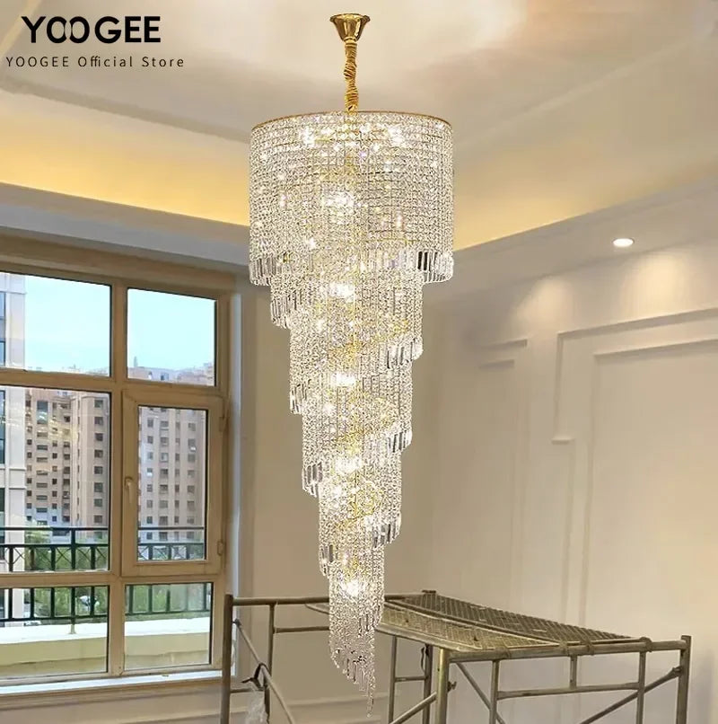 Modern Large Crystal Stair Chandelier For Luxury High House Villa Home Decoration Ceiling Hanging Light Fixture Gold/Chrome