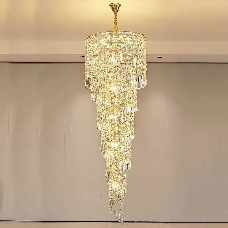 Modern Large Crystal Stair Chandelier For Luxury High House Villa Home Decoration Ceiling Hanging Light Fixture Gold/Chrome