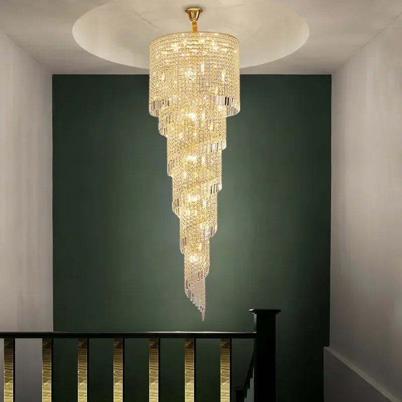 Modern Large Crystal Stair Chandelier For Luxury High House Villa Home Decoration Ceiling Hanging Light Fixture Gold/Chrome