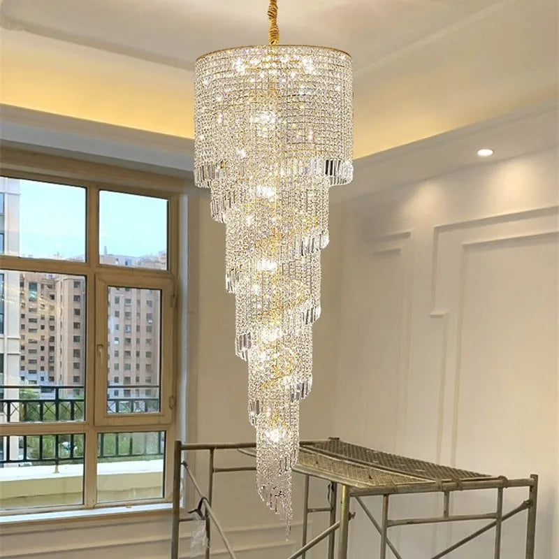 Modern Large Crystal Stair Chandelier for Luxury High House Villa Home Decoration Ceiling Hanging Light Fixture Gold/Chrome