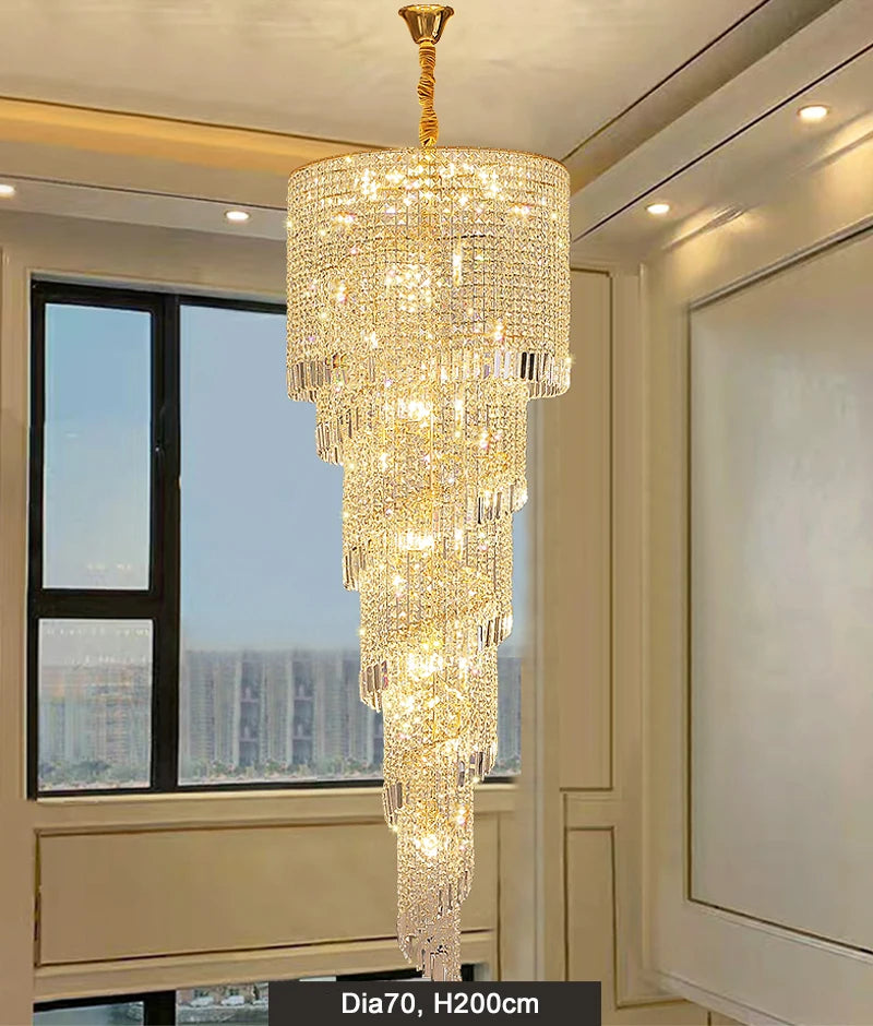 Modern Large Crystal Stair Chandelier for Luxury High House Villa Home Decoration Ceiling Hanging Light Fixture Gold/Chrome