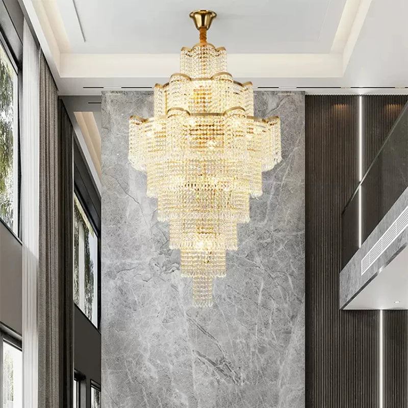 Modern Luxury Long Chandelier Staircase Loft Villa Lobby High Ceiling Decoration Golden Crystal Hotel Theater Large Chandelier