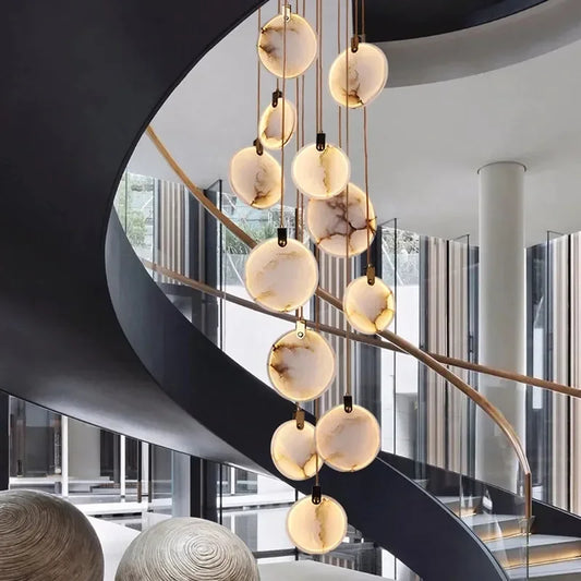 Modern Marble Crystal LED Chandeliers For Staircase Living Room Luxury Round Cristal Hanging Lamps Villa Long Lighting Fixtures