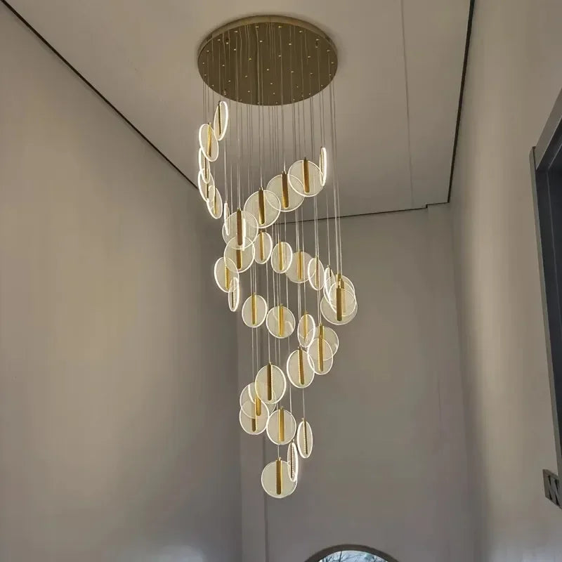 Modern Rotary Crystal Staircase LED Chandelier Luxury Creative Design Villa Indoor Lighting Fixtures Golden Acrylic Hanging Lamp
