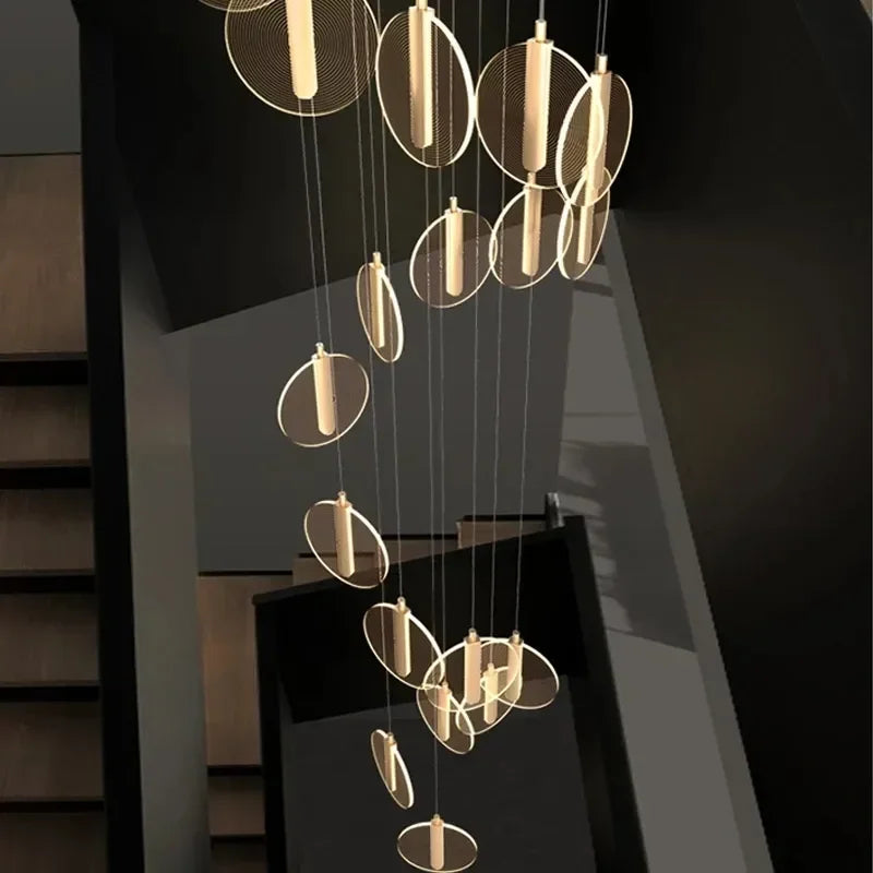 Modern Rotary Crystal Staircase LED Chandelier Luxury Creative Design Villa Indoor Lighting Fixtures Golden Acrylic Hanging Lamp