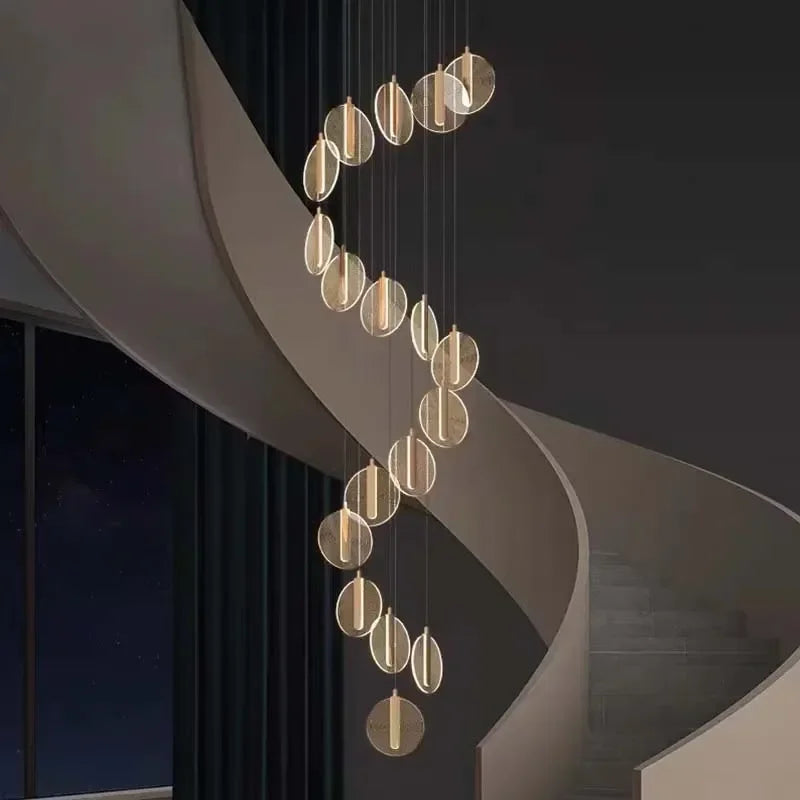 Modern Rotary Crystal Staircase LED Chandelier Luxury Creative Design Villa Indoor Lighting Fixtures Golden Acrylic Hanging Lamp