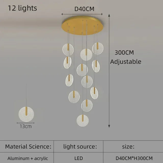 Modern Rotary Crystal Staircase LED Chandelier Luxury Creative Design Villa Indoor Lighting Fixtures Golden Acrylic Hanging Lamp