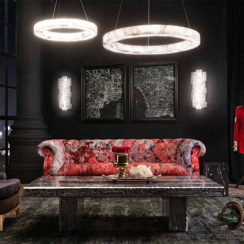 Modern Villa Living Room Pendant Light Fixture Natural Round Ring Calcite Two Tier Alabaster Linear Luxury Decorative Chandelier