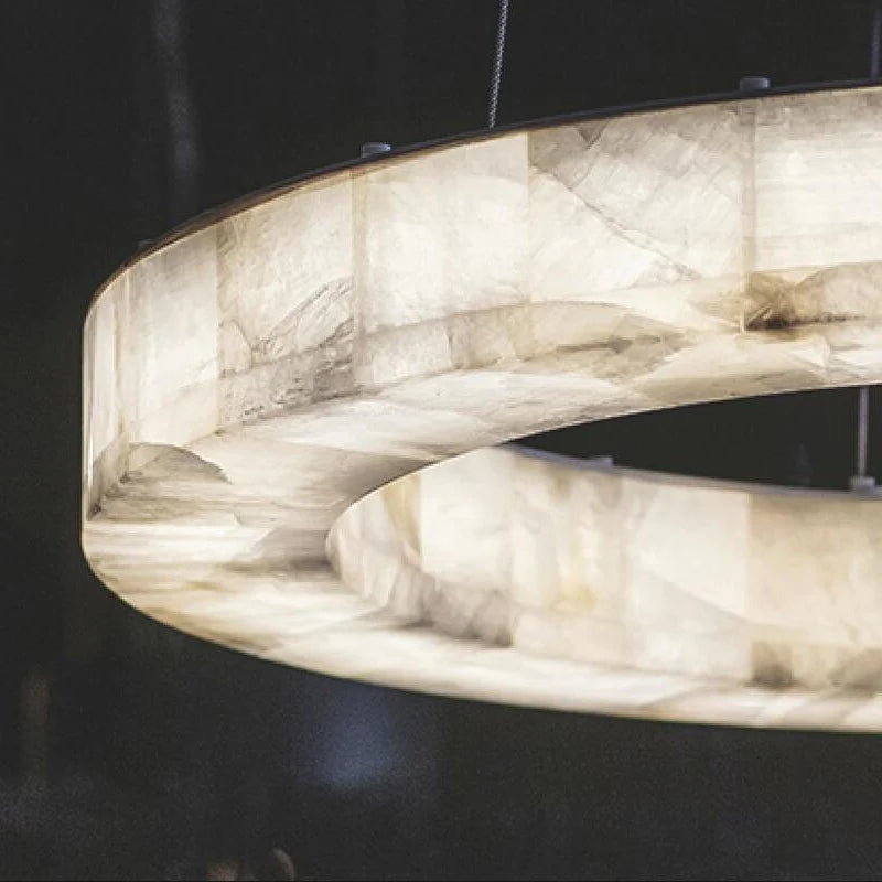 Modern Villa Living Room Pendant Light Fixture Natural Round Ring Calcite Two Tier Alabaster Linear Luxury Decorative Chandelier