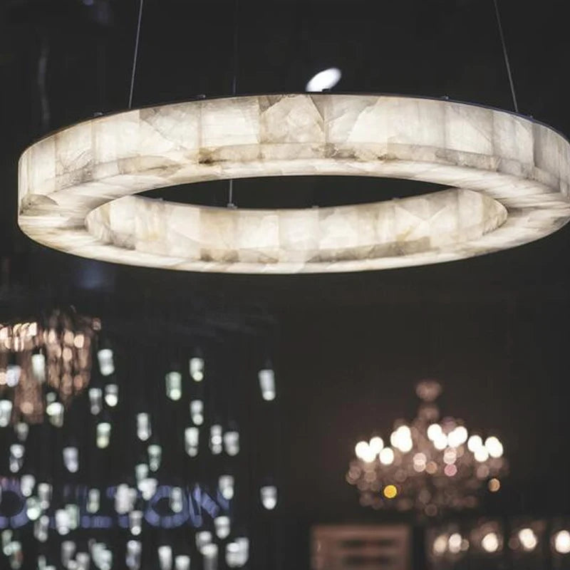 Modern Villa Living Room Pendant Light Fixture Natural Round Ring Calcite Two Tier Alabaster Linear Luxury Decorative Chandelier