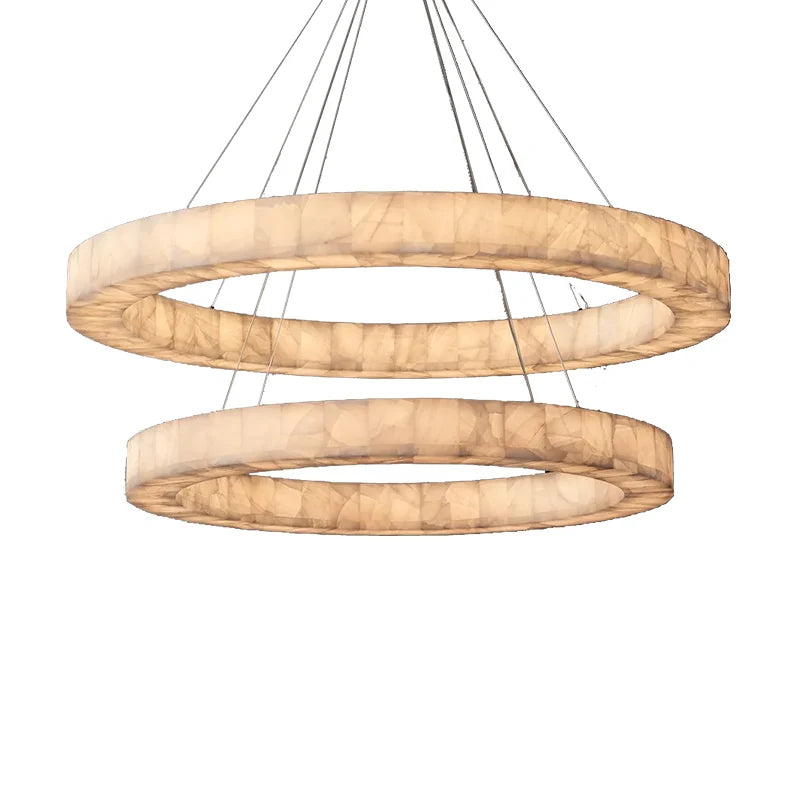 Modern Villa Living Room Pendant Light Fixture Natural Round Ring Calcite Two Tier Alabaster Linear Luxury Decorative Chandelier