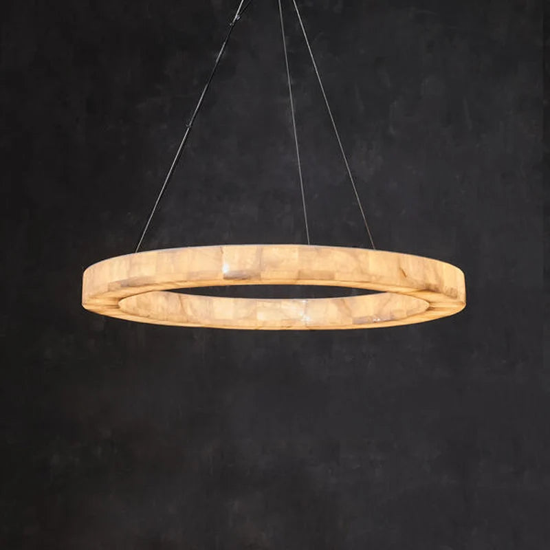 Modern Villa Living Room Pendant Light Fixture Natural Round Ring Calcite Two Tier Alabaster Linear Luxury Decorative Chandelier