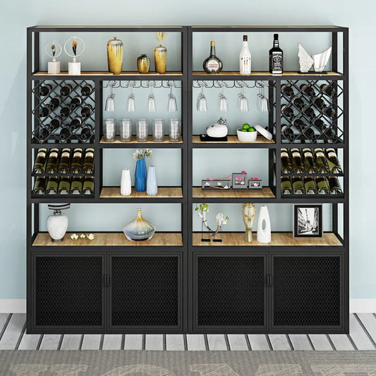 Modern and minimalist floor to floor iron solid wood wine cabinet with display rack, light luxury bar counter, bar red