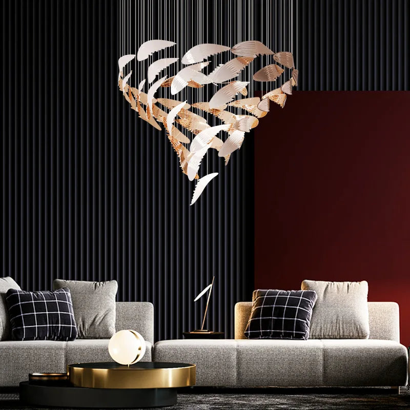 Modern light luxury living room villa duplex building hotel lobby sales department decoration hollow staircase long chandelier