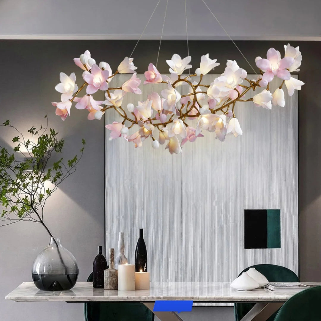 Modern luxury living room chandelier advanced sense round main lamp villa ceramic art restaurant flower bud copper light in the