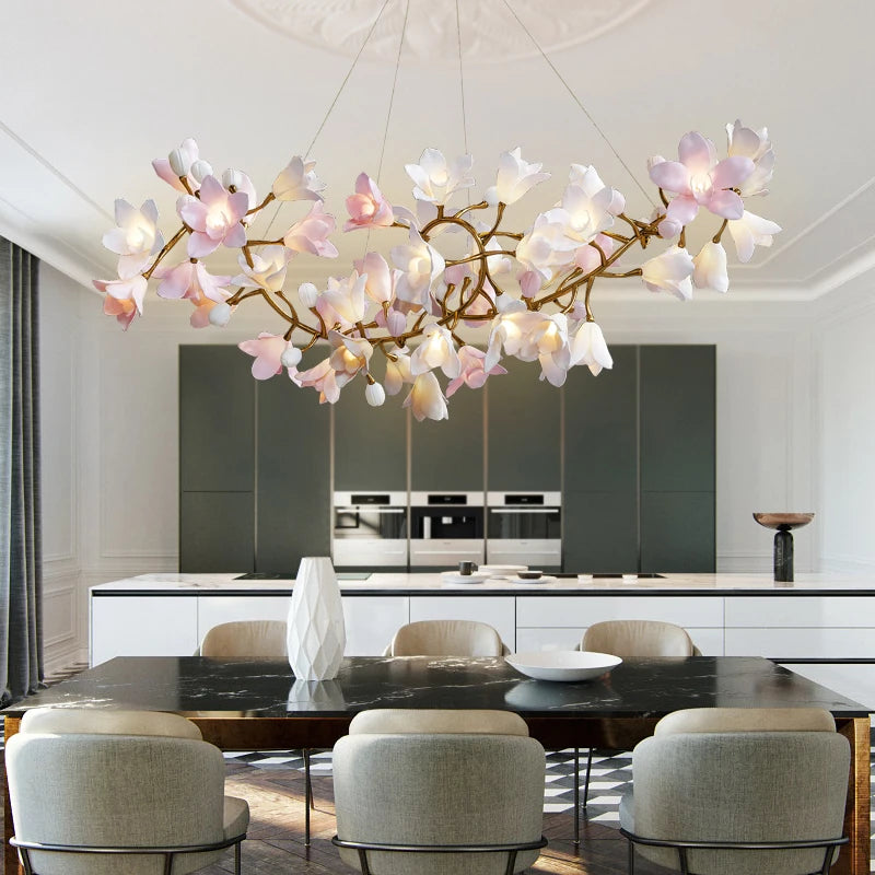 Modern luxury living room chandelier advanced sense round main lamp villa ceramic art restaurant flower bud copper light in the
