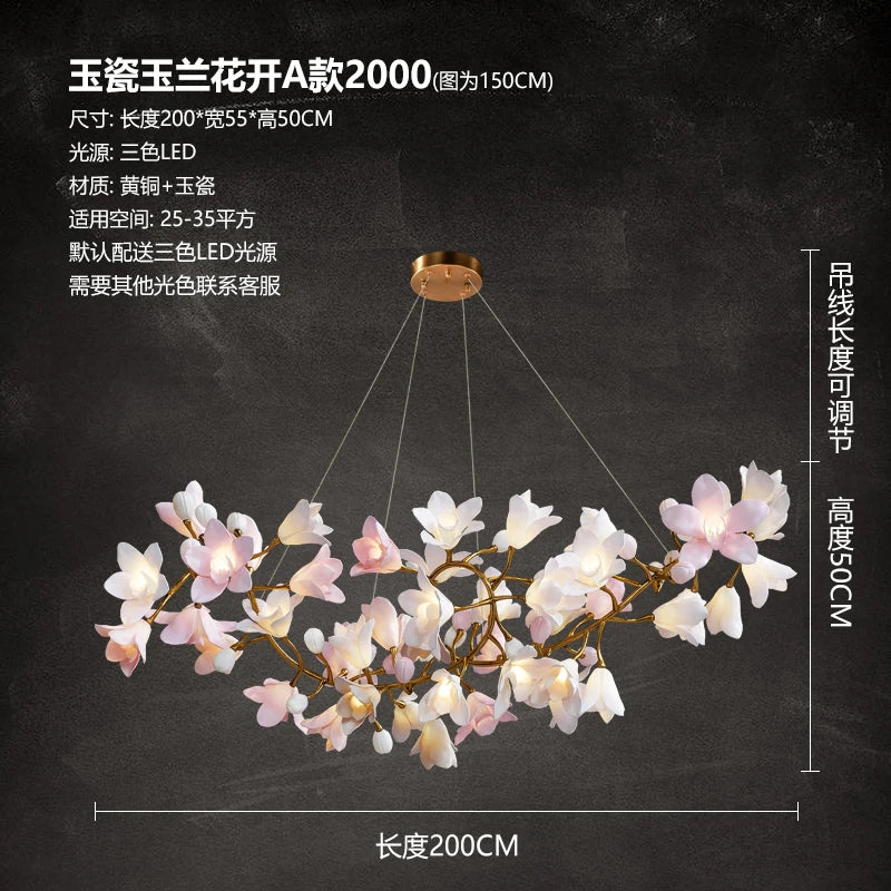 Modern luxury living room chandelier advanced sense round main lamp villa ceramic art restaurant flower bud copper light in the