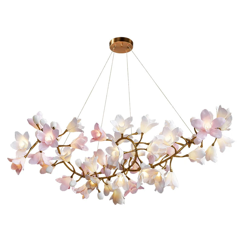 Modern luxury living room chandelier advanced sense round main lamp villa ceramic art restaurant flower bud copper light in the