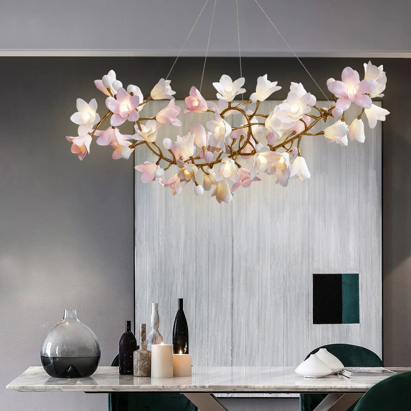 Modern luxury living room chandelier advanced sense round main lamp villa ceramic art restaurant flower bud copper light in the