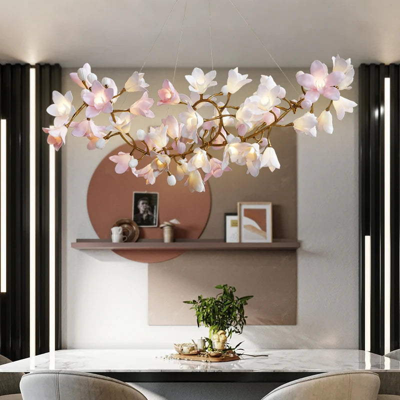 Modern luxury living room chandelier advanced sense round main lamp villa ceramic art restaurant flower bud copper light in the