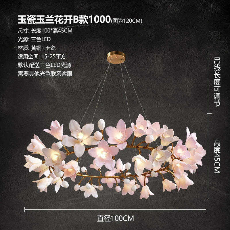 Modern luxury living room chandelier advanced sense round main lamp villa ceramic art restaurant flower bud copper light in the