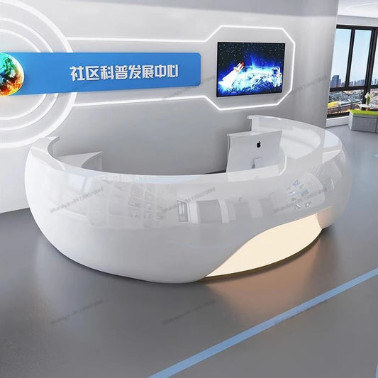 Modern minimalist circular arc shaped front desk, fiberglass painted bar counter, hotel real estate sales department, reception
