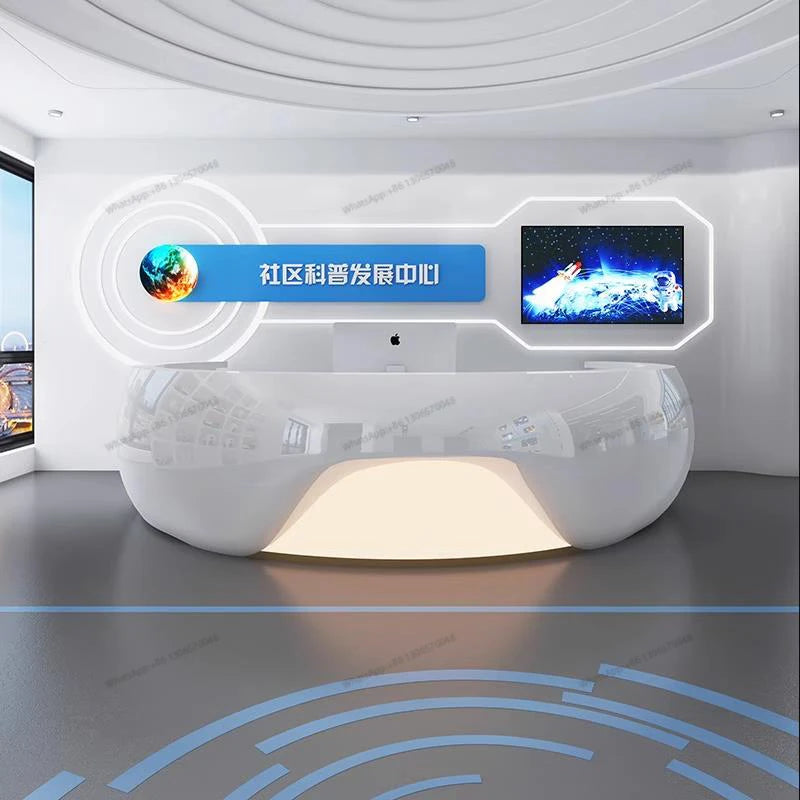 Modern minimalist circular arc shaped front desk, fiberglass painted bar counter, hotel real estate sales department, reception