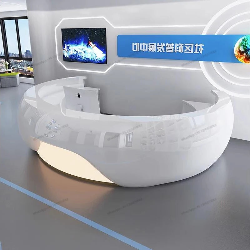 Modern minimalist circular arc shaped front desk, fiberglass painted bar counter, hotel real estate sales department, reception