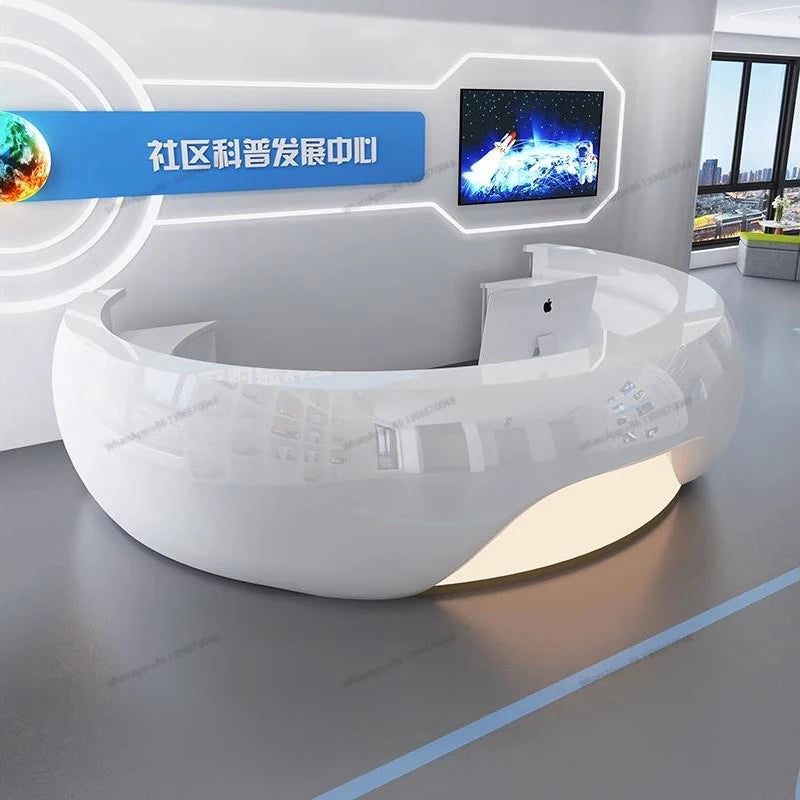 Modern minimalist circular arc shaped front desk, fiberglass painted bar counter, hotel real estate sales department, reception