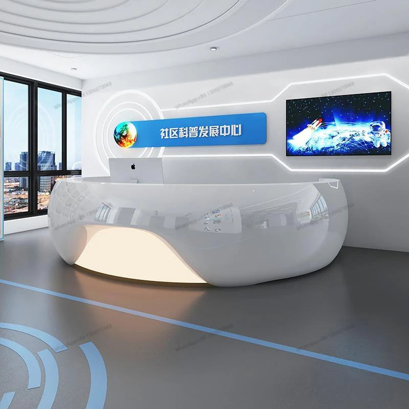 Modern minimalist circular arc shaped front desk, fiberglass painted bar counter, hotel real estate sales department, reception