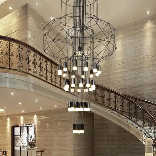 Modern minimalist hotel lobby lamps Nordic creative coffee stairs living room wrought iron geometric lines Villa chandelier