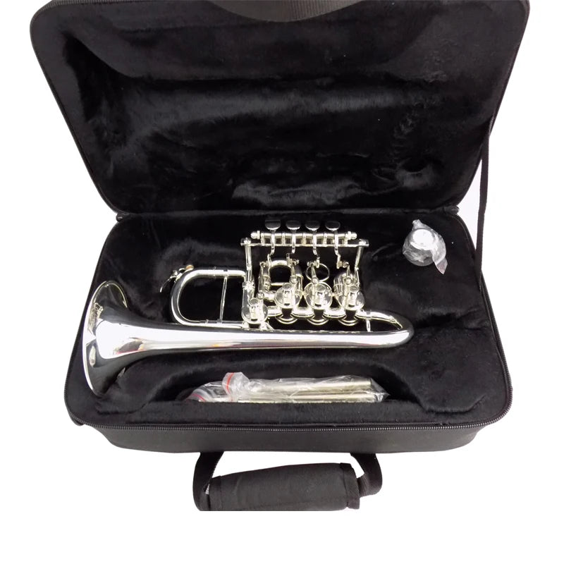 Musical Instruments Rotary Trumpet B Flat with Extra Cupronickel Leadpipe Silver Plated Yellow Brass with Case Mouthpiece