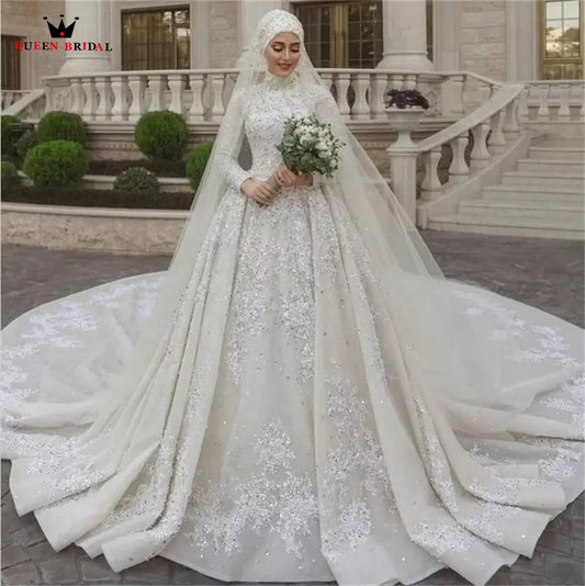 Muslim Wedding Dresses Ball Gown High Neck Long Sleeve Tulle Lace Appliques Beading Diamond Luxury Bridal Gown Customize DZ69M