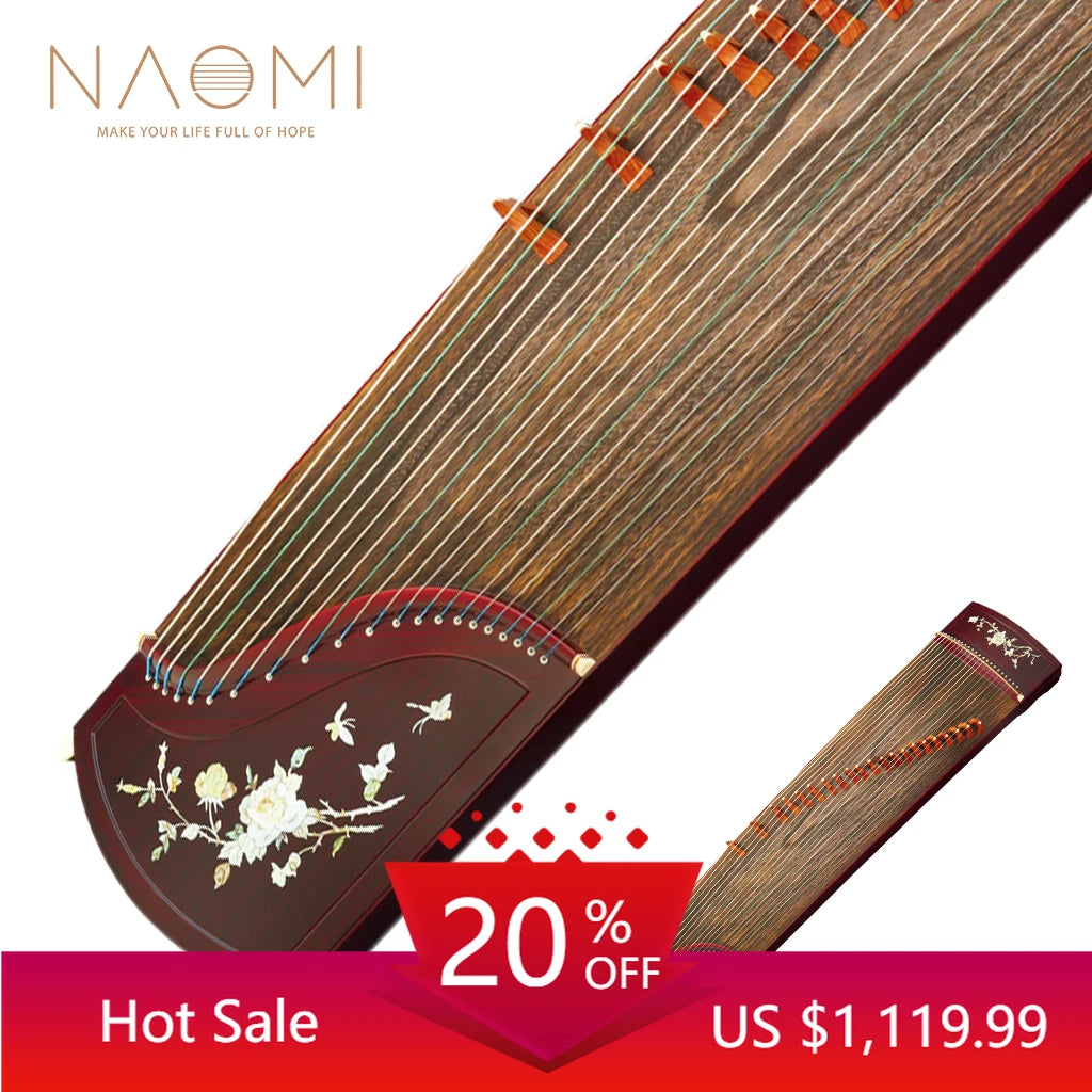 NAOMI Advanced Peony Carved Rosy Sandalwood Guzgeng Instrument Chinese Zither With Full Accessories Nails+Strings+Stands+Bag