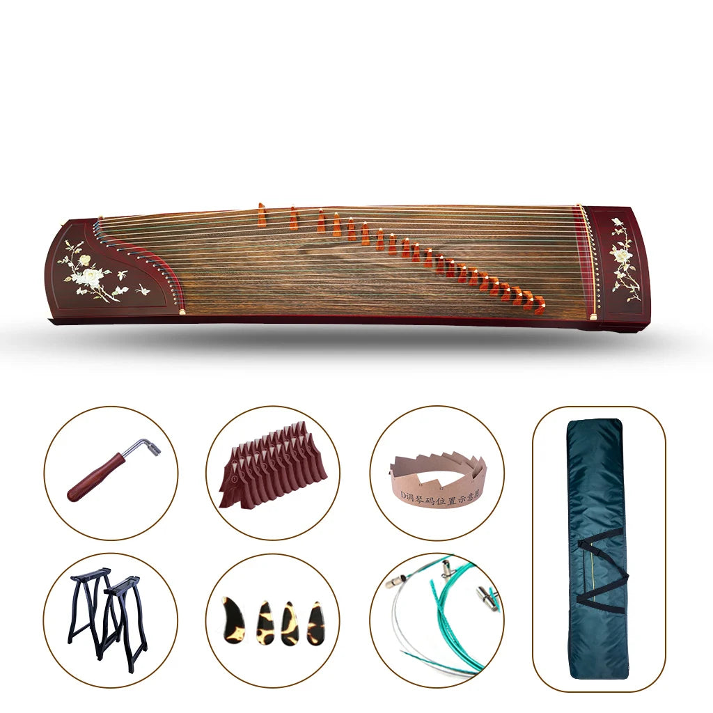 NAOMI Advanced Peony Carved Rosy Sandalwood Guzgeng Instrument Chinese Zither With Full Accessories Nails+Strings+Stands+Bag